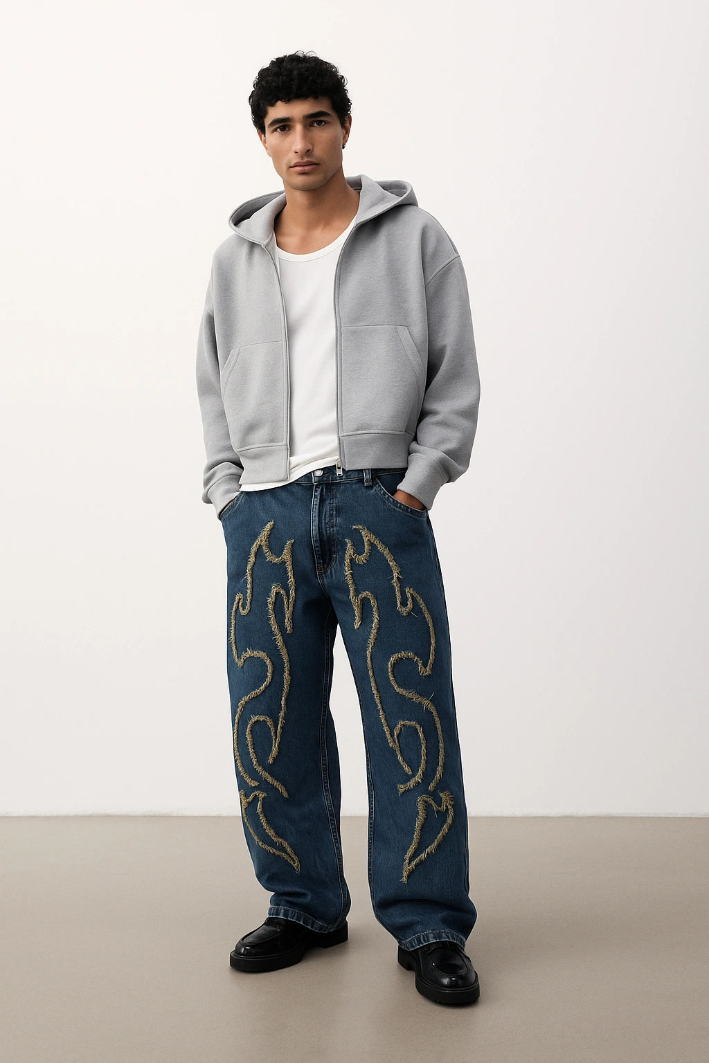 Wolffoxx Fringed Flame Appliqué Wide-Leg Jeans