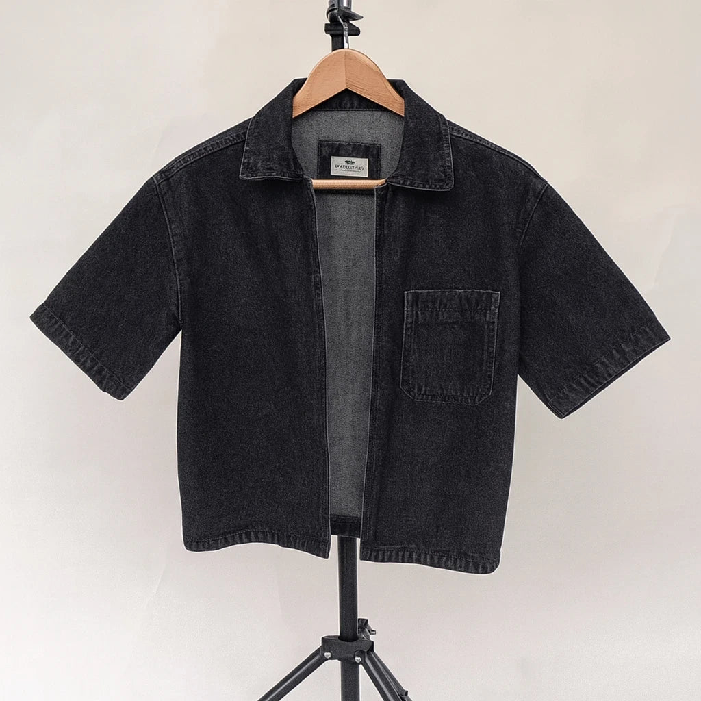Wolffoxx Washed Black Short-Sleeve Denim Overshirt