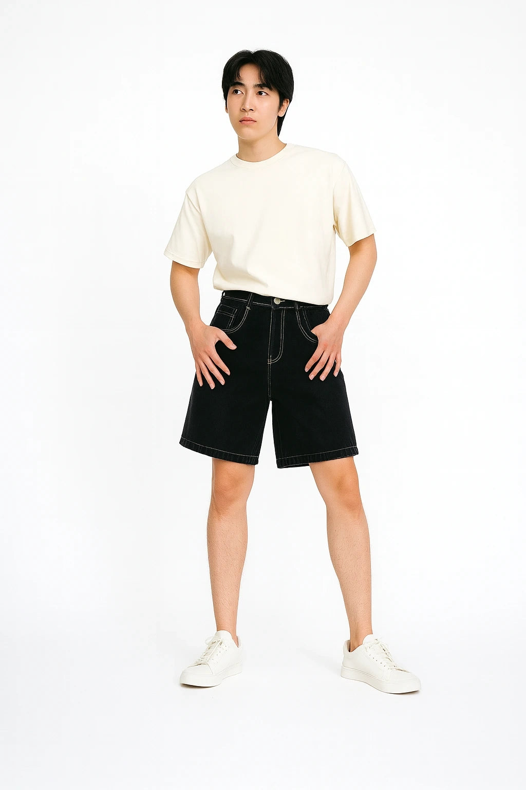 Wolffoxx Washed Black Baggy Denim Jorts with Contrast Stitching
