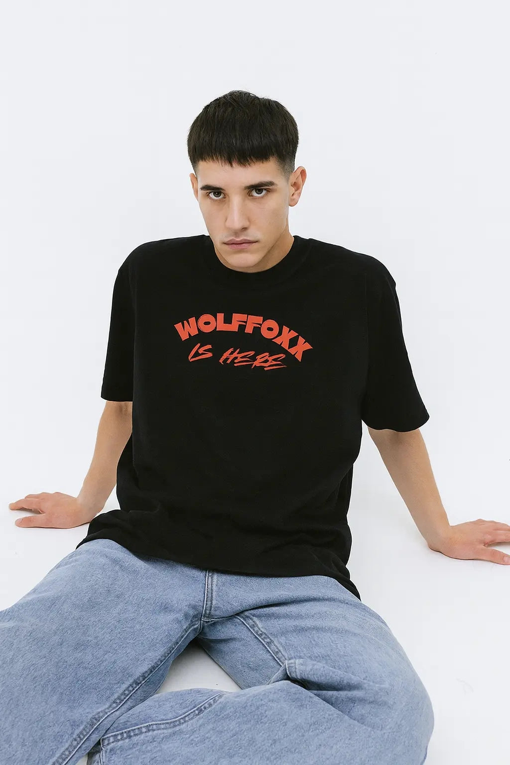 Men's Black "Wolffoxx Is Here" Front & Back Print Heavyweight Cotton Tee | Wolffoxx