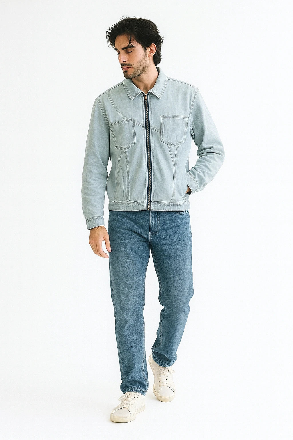 Wolffoxx Light Wash Zipper Denim Jacket for Men