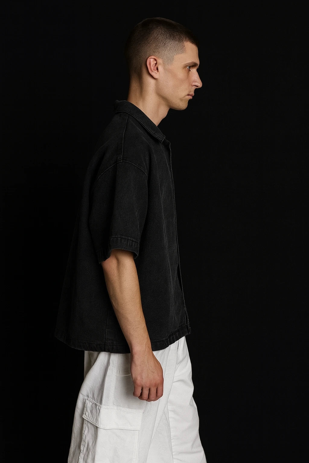 Wolffoxx Washed Black Short-Sleeve Denim Overshirt