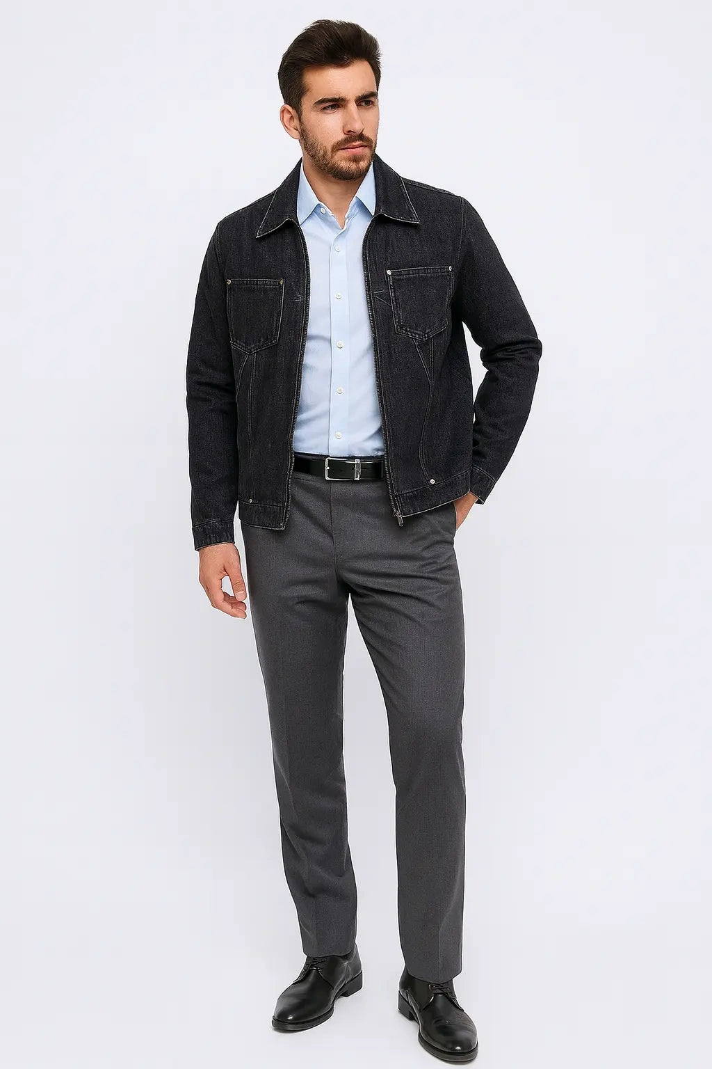 Men's Dark Charcoal Zip-Front Trucker Denim Jacket | Wolffoxx