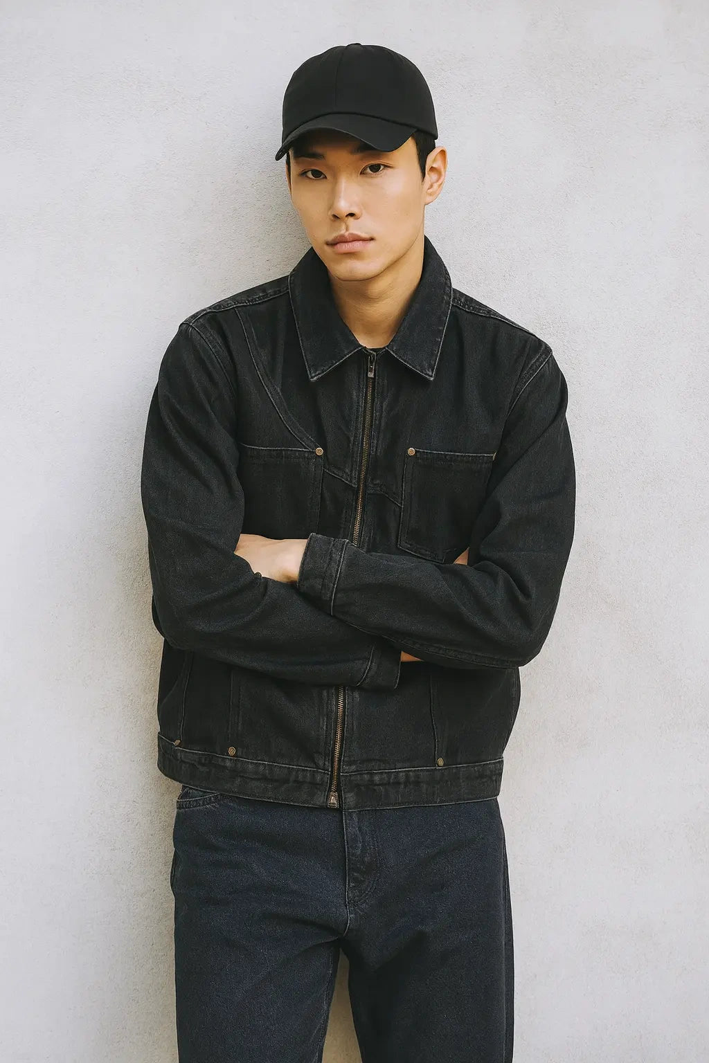 Men's Dark Charcoal Zip-Front Trucker Denim Jacket | Wolffoxx