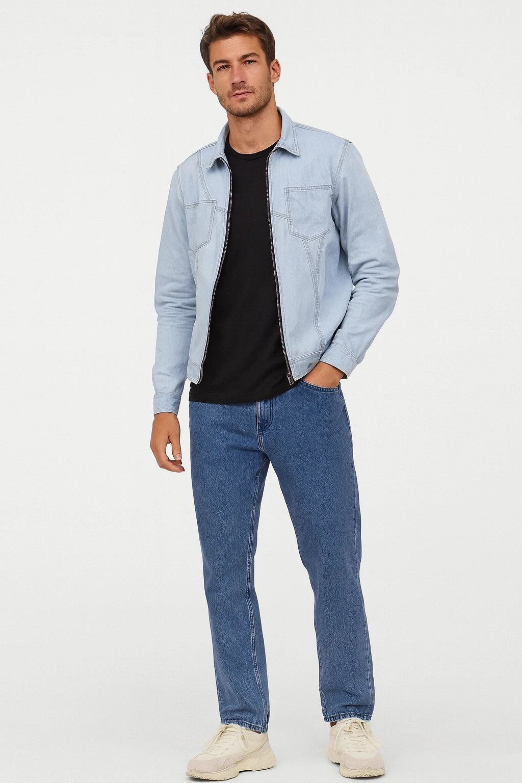Wolffoxx Light Wash Zipper Denim Jacket for Men