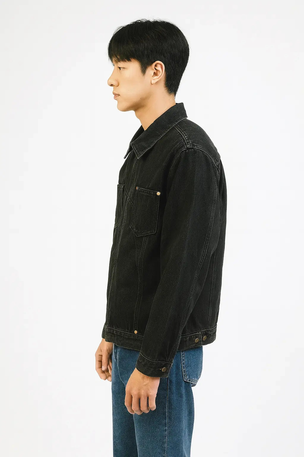 Men's Dark Charcoal Zip-Front Trucker Denim Jacket | Wolffoxx