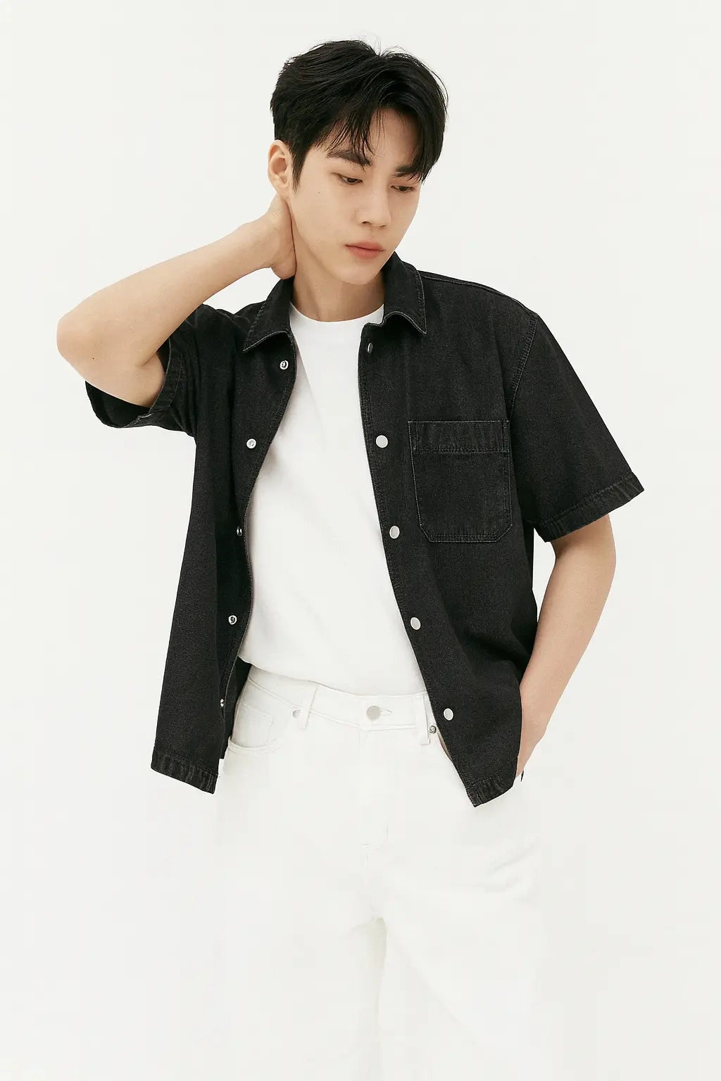 Wolffoxx Black Snap-Button Short Sleeve Denim Shirt