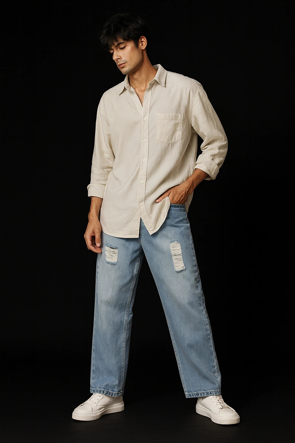 Men's Ice Blue Ripped Relaxed Fit Denim Pants | Wolffoxx