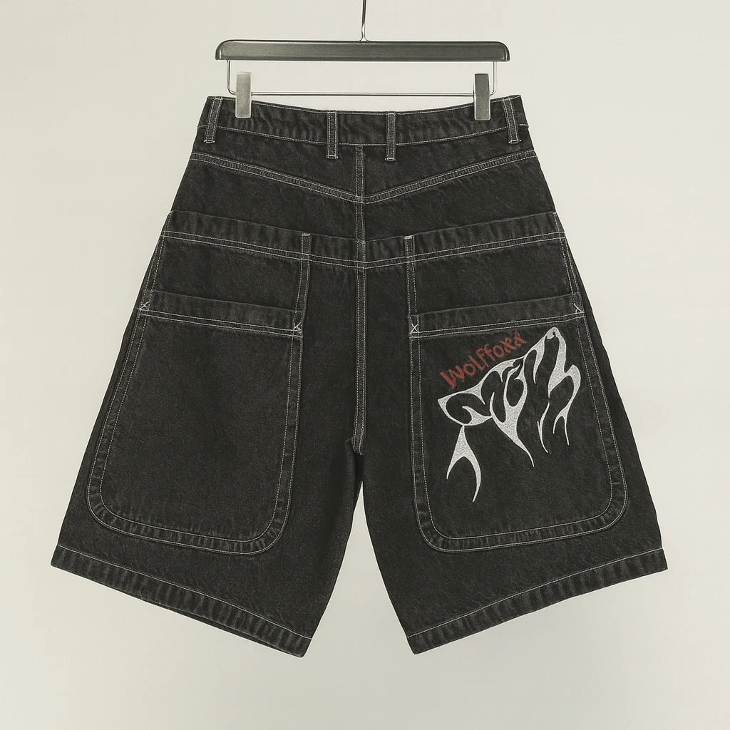 Wolffoxx Washed Black Baggy Denim Jorts with Contrast Stitching