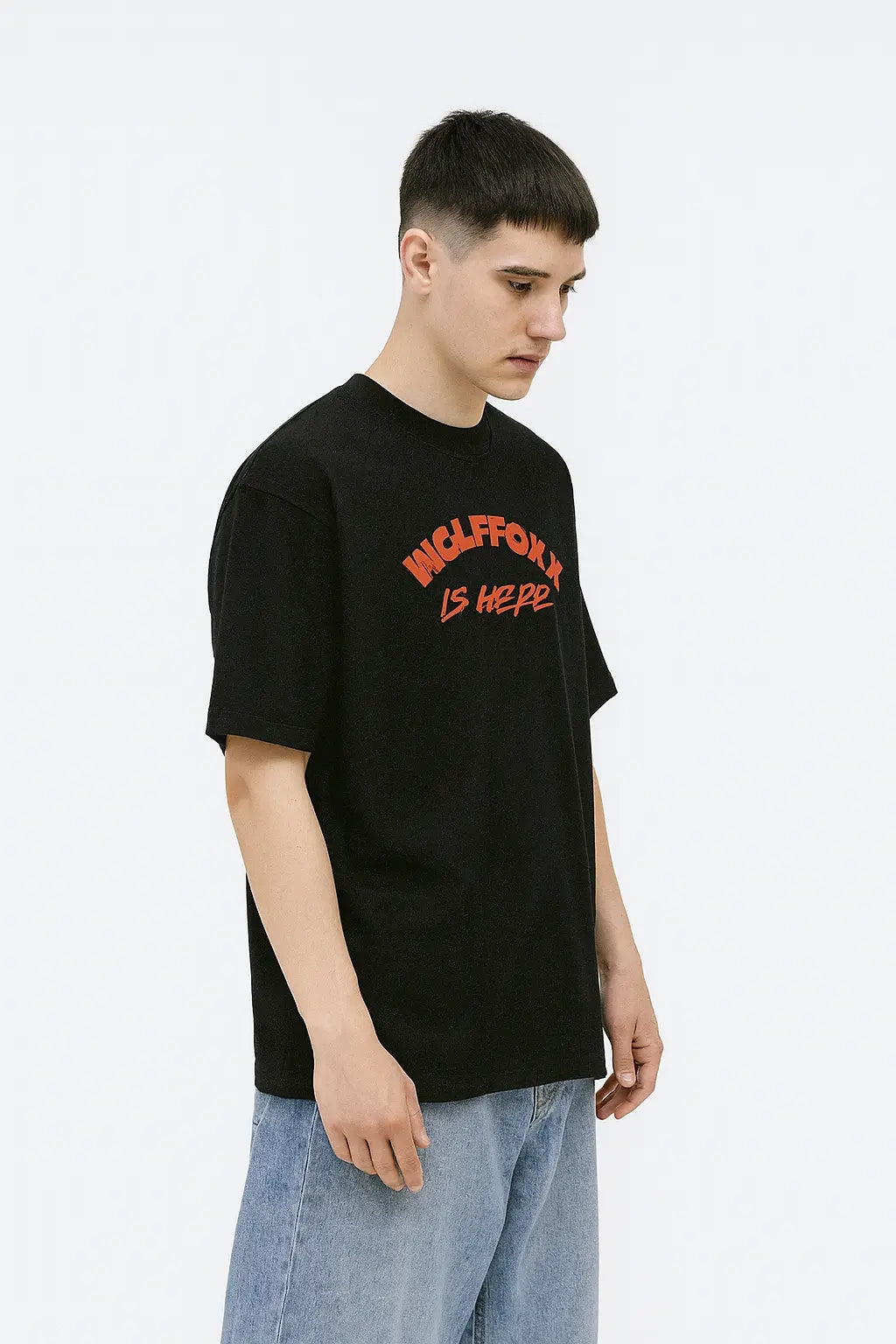 Men's Black "Wolffoxx Is Here" Front & Back Print Heavyweight Cotton Tee | Wolffoxx