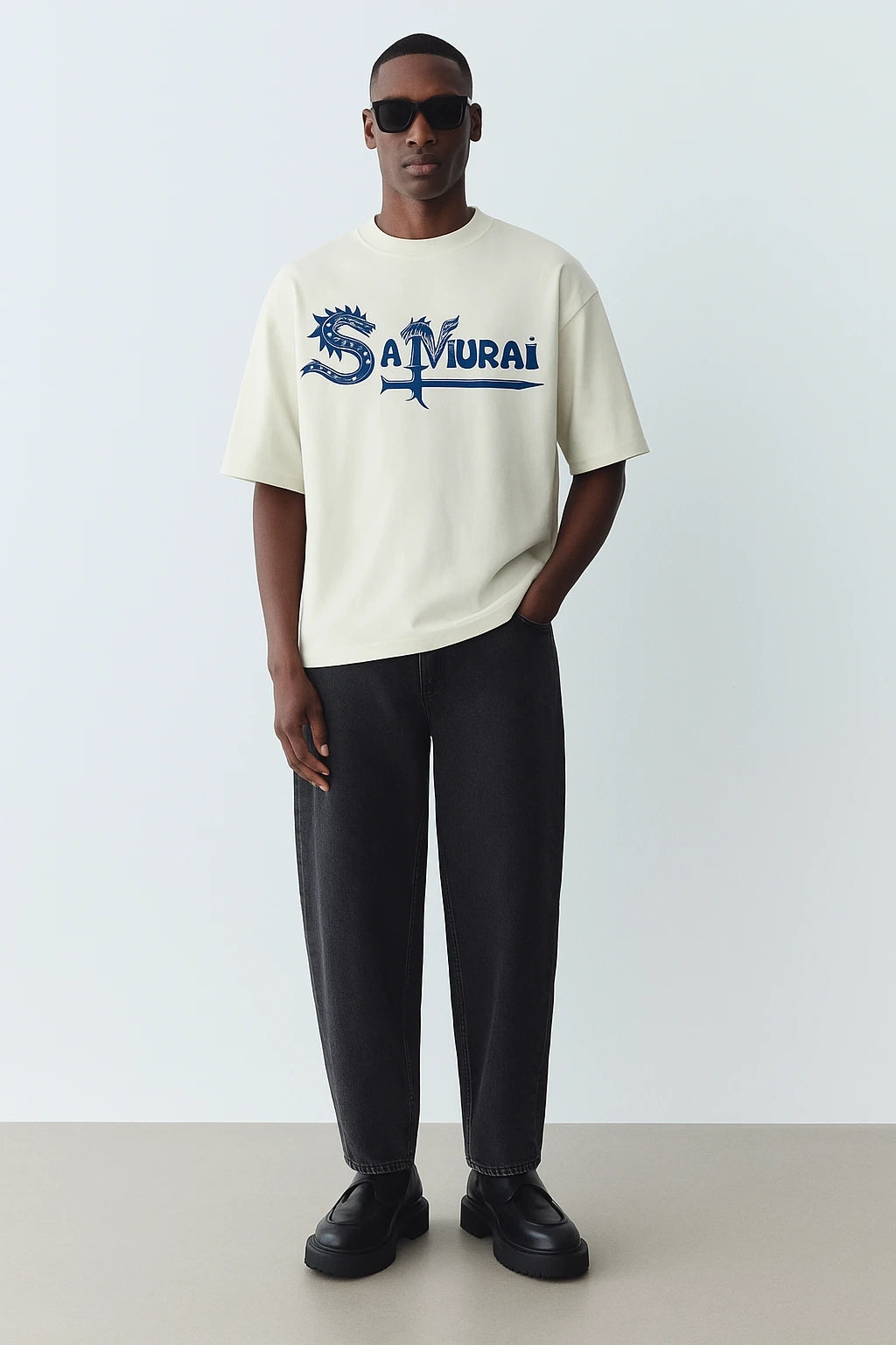Wolffoxx Off-White "Samurai" Dragon Graphic Oversized T-Shirt