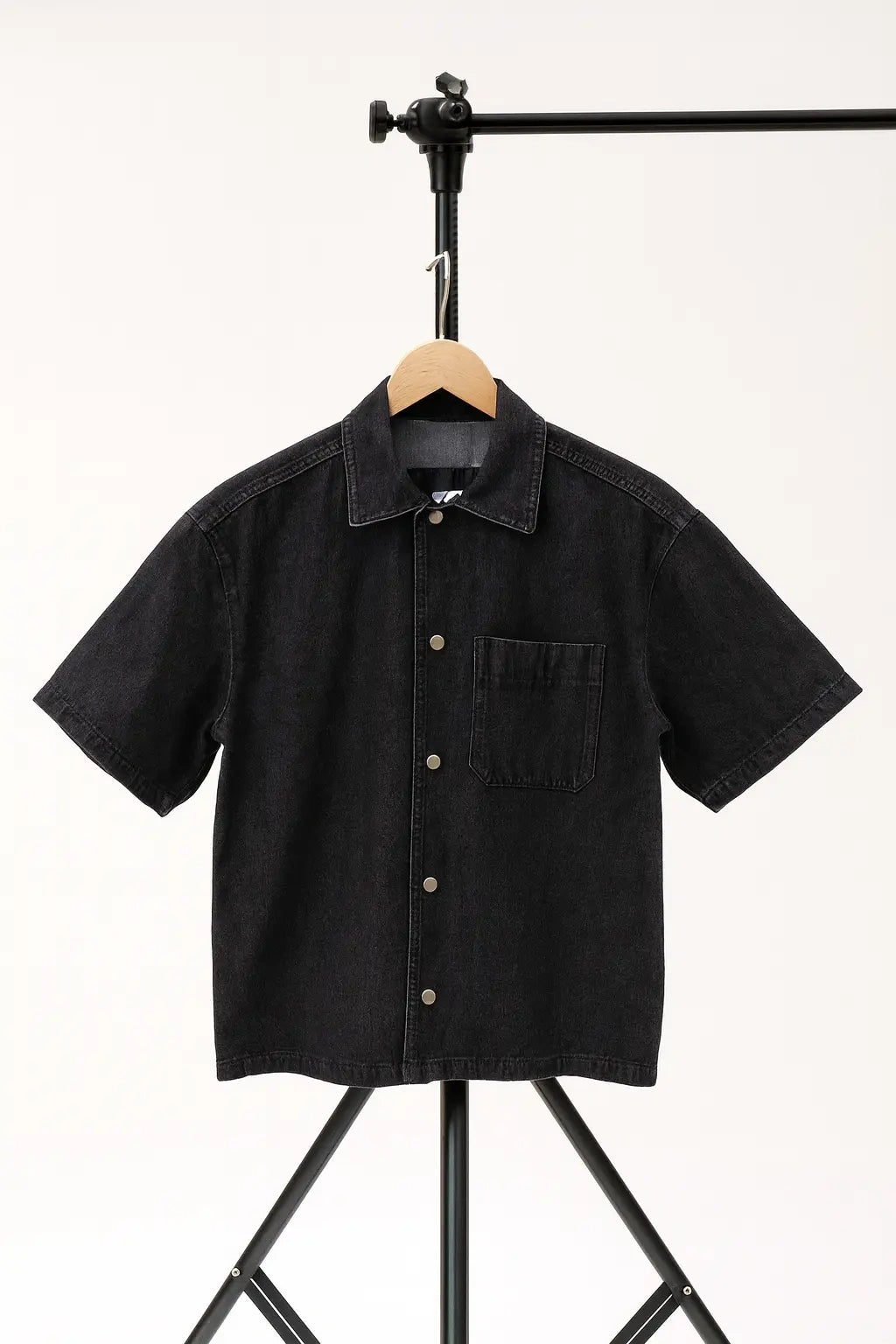 Wolffoxx Black Snap-Button Short Sleeve Denim Shirt