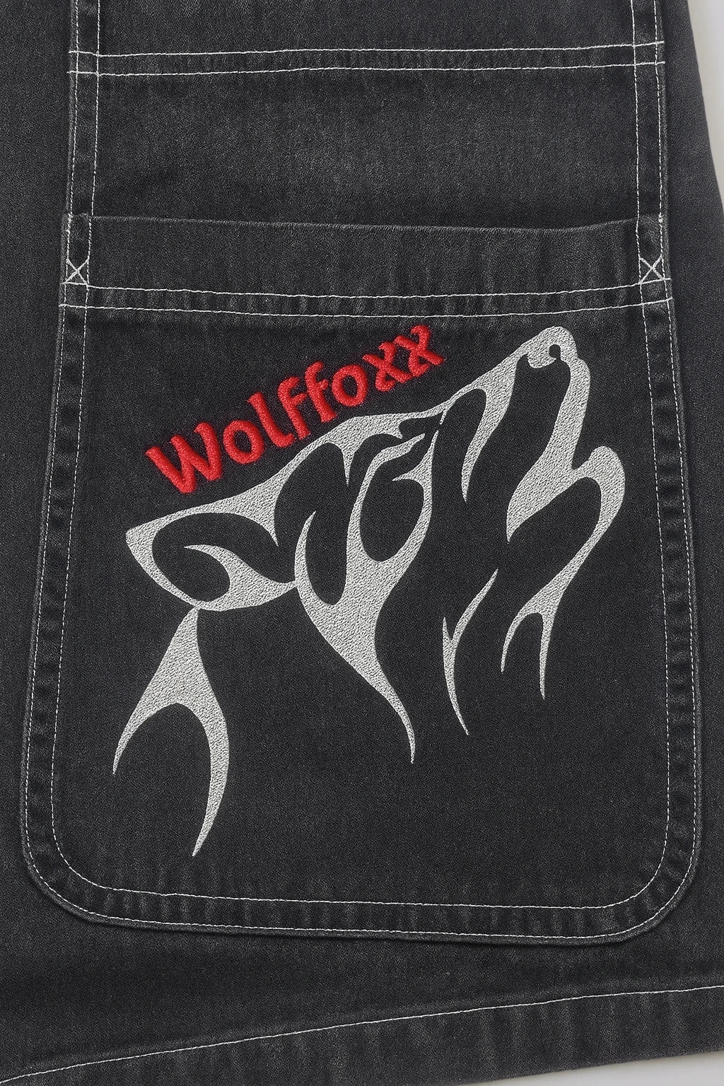 Wolffoxx Washed Black Baggy Denim Jorts with Contrast Stitching