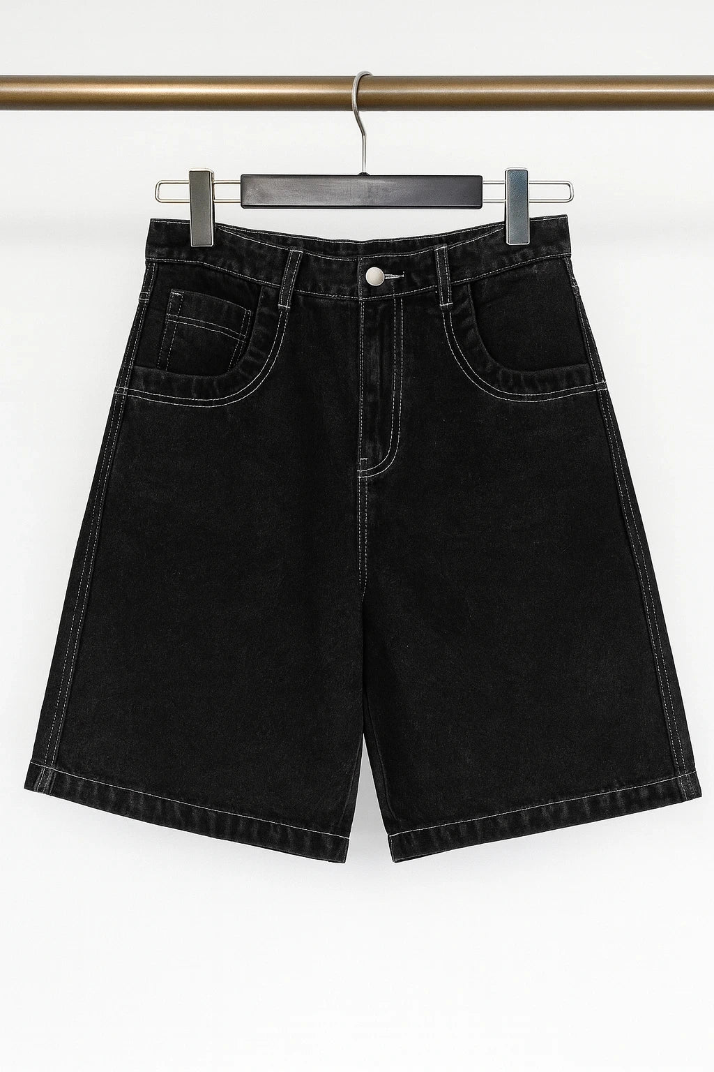 Wolffoxx Washed Black Baggy Denim Jorts with Contrast Stitching