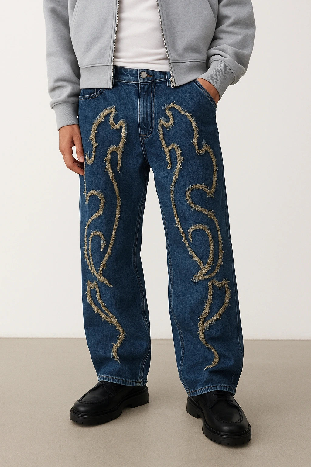 Wolffoxx Fringed Flame Appliqué Wide-Leg Jeans
