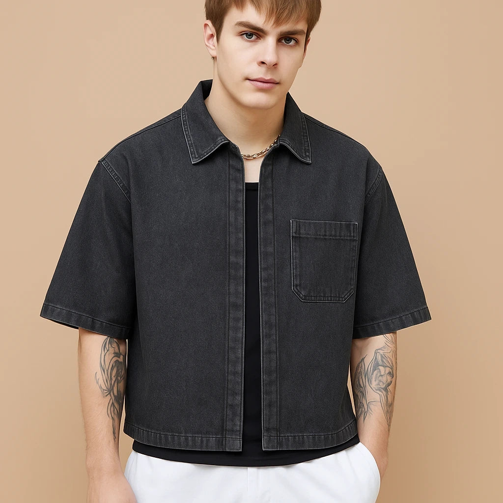 Wolffoxx Washed Black Short-Sleeve Denim Overshirt