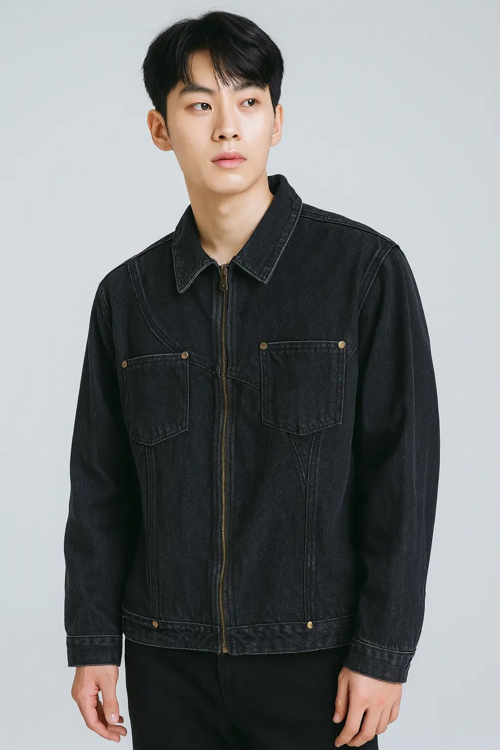 Men's Dark Charcoal Zip-Front Trucker Denim Jacket | Wolffoxx