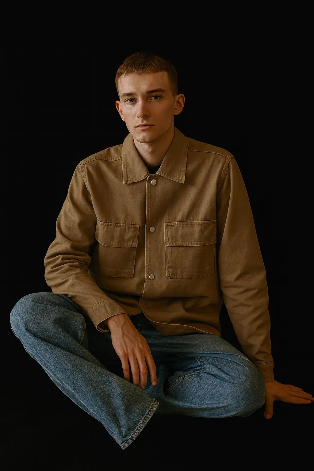 Men's Khaki Brown Button-Front Denim Shacket | Wolffoxx