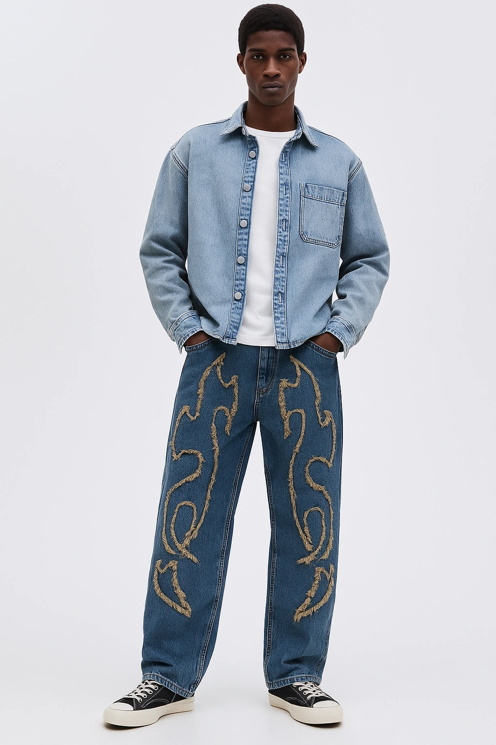 Wolffoxx Fringed Flame Appliqué Wide-Leg Jeans
