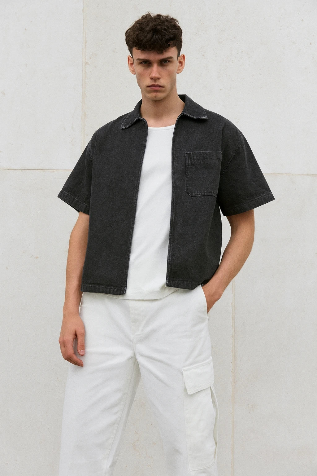 Wolffoxx Washed Black Short-Sleeve Denim Overshirt
