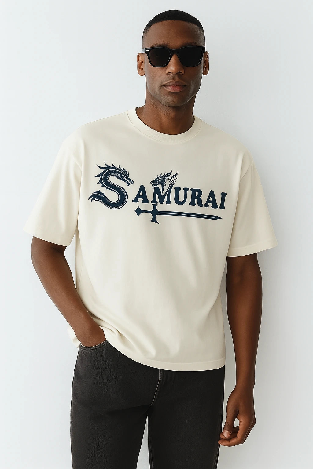 Wolffoxx Off-White "Samurai" Dragon Graphic Oversized T-Shirt