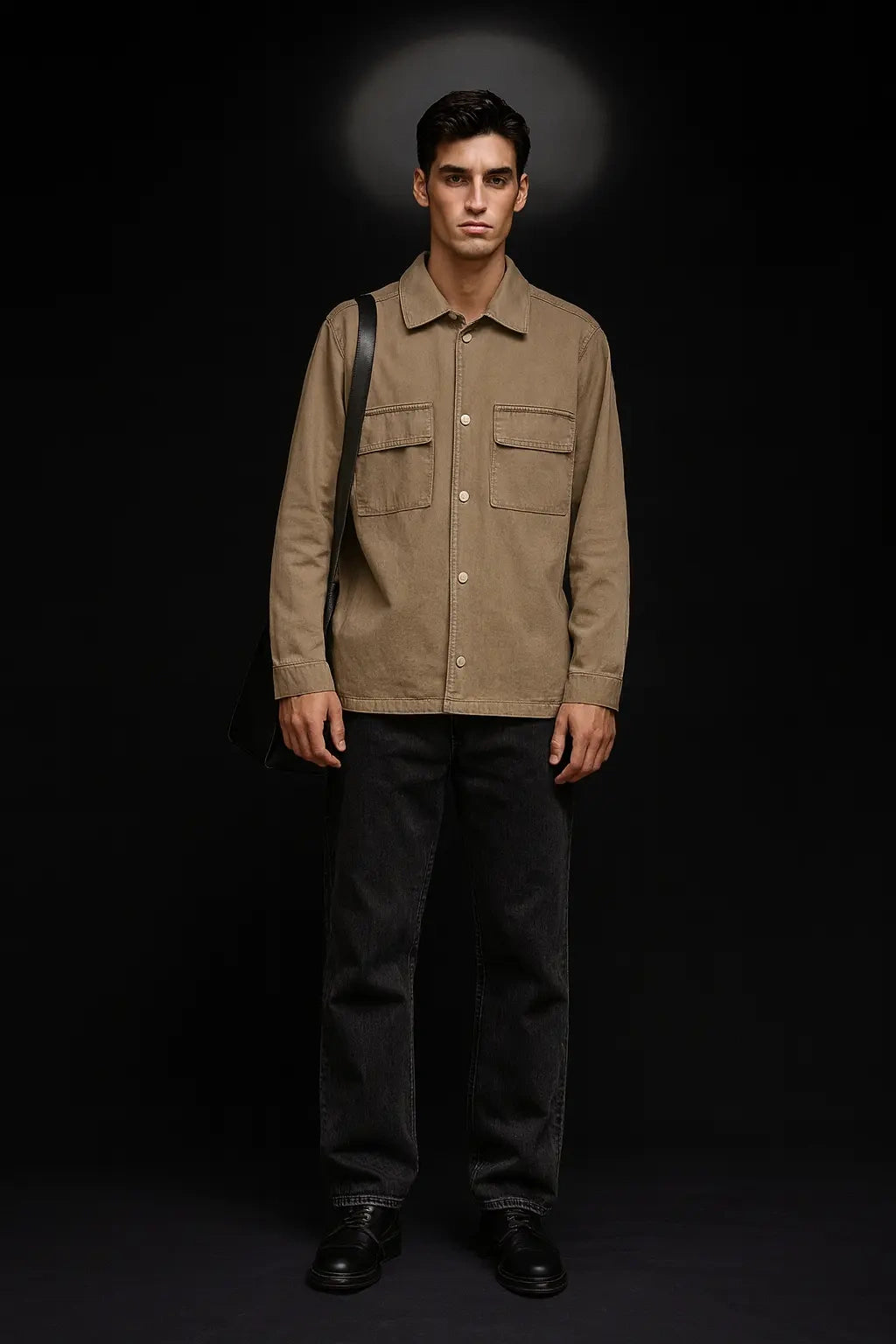 Men's Khaki Brown Button-Front Denim Shacket | Wolffoxx