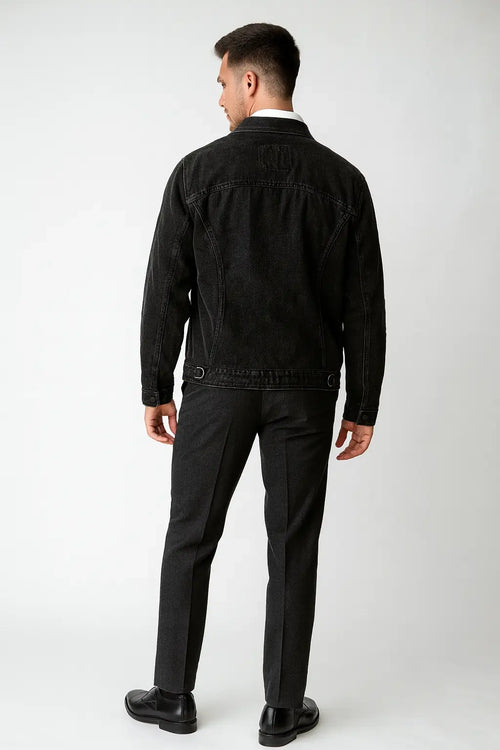 Men's Dark Charcoal Zip-Front Trucker Denim Jacket | Wolffoxx