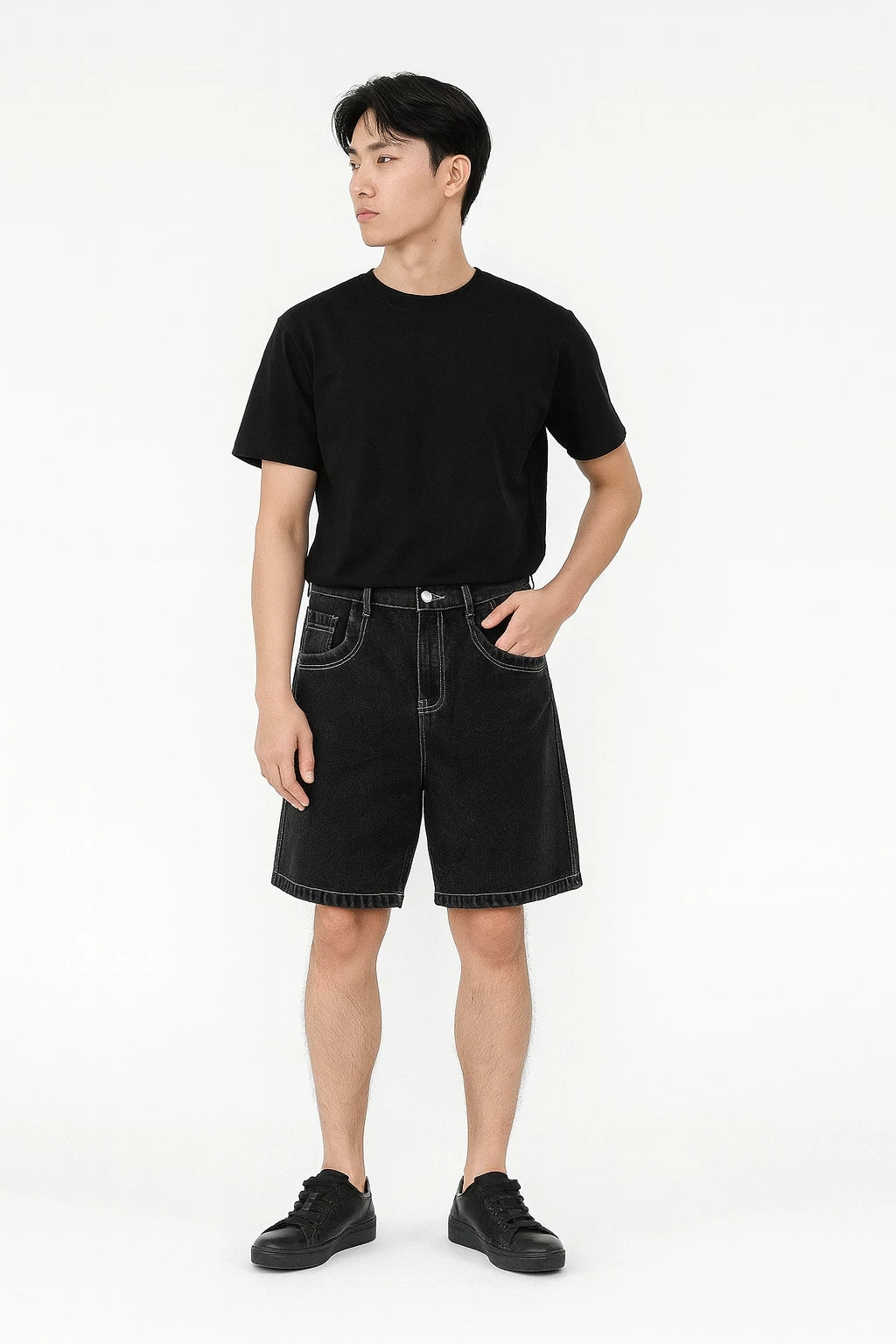 Wolffoxx Washed Black Baggy Denim Jorts with Contrast Stitching