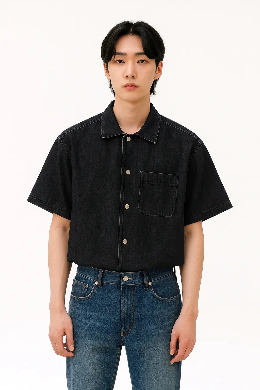 Wolffoxx Black Snap-Button Short Sleeve Denim Shirt