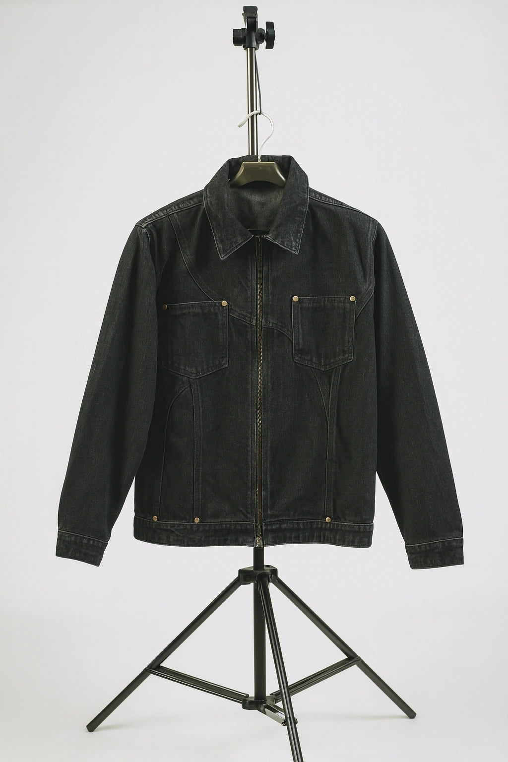 Men's Dark Charcoal Zip-Front Trucker Denim Jacket | Wolffoxx