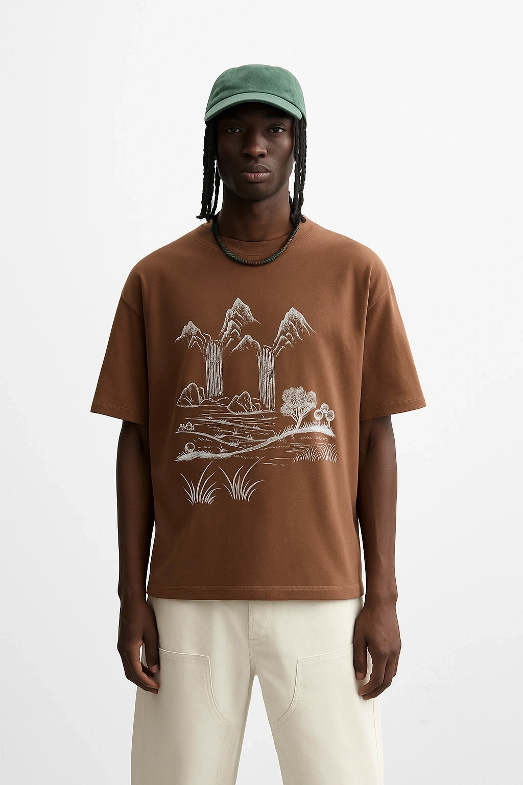 Wolffoxx Brown Mountain Waterfall Graphic Oversized T-Shirt