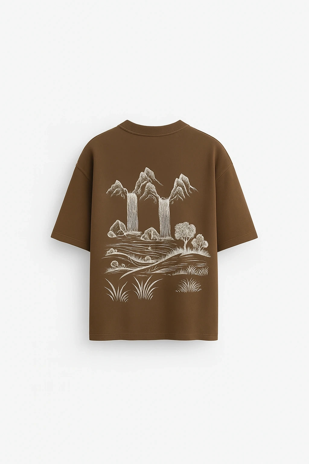 Wolffoxx Brown Mountain Waterfall Graphic Oversized T-Shirt