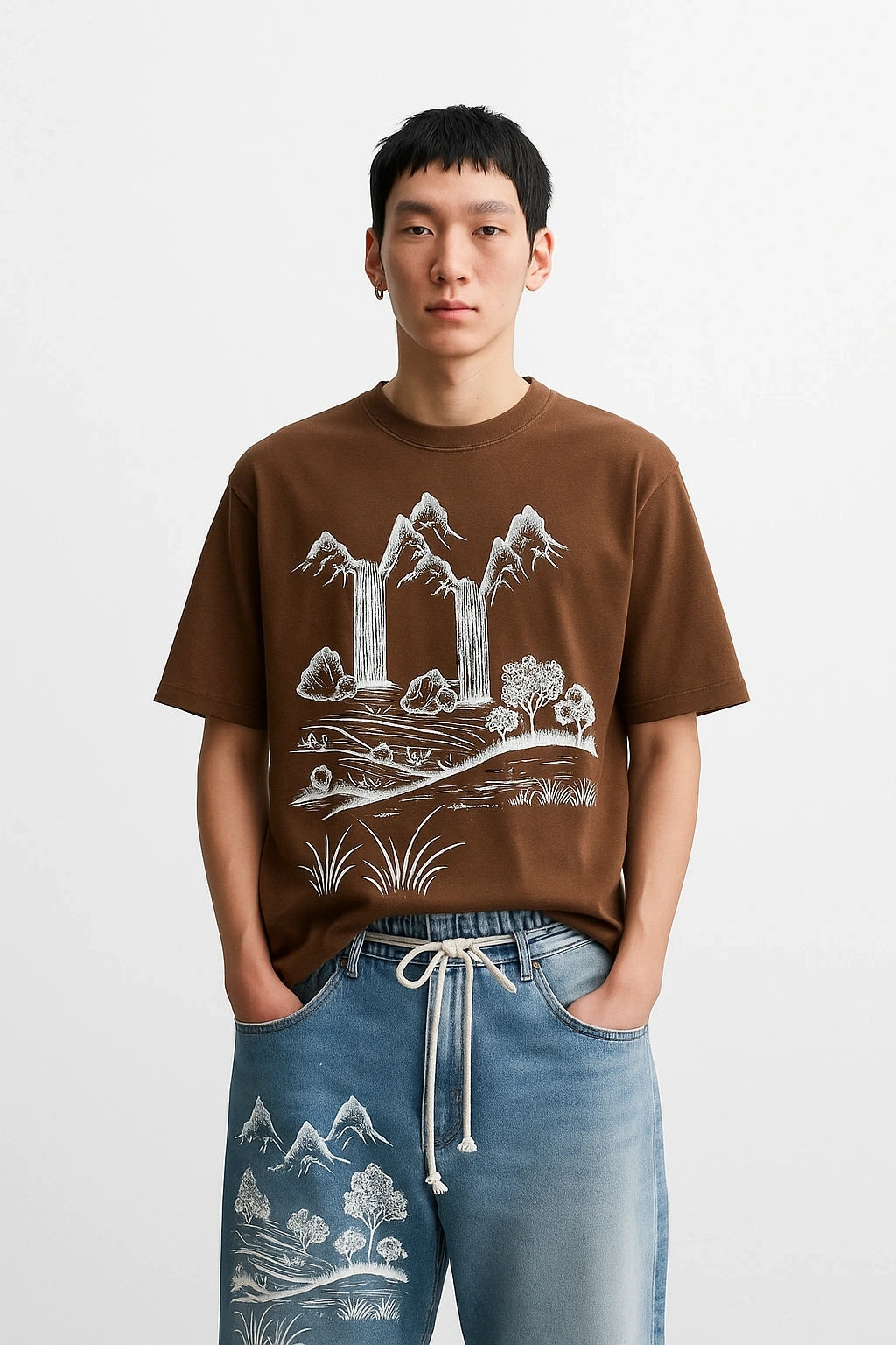Wolffoxx Brown Mountain Waterfall Graphic Oversized T-Shirt