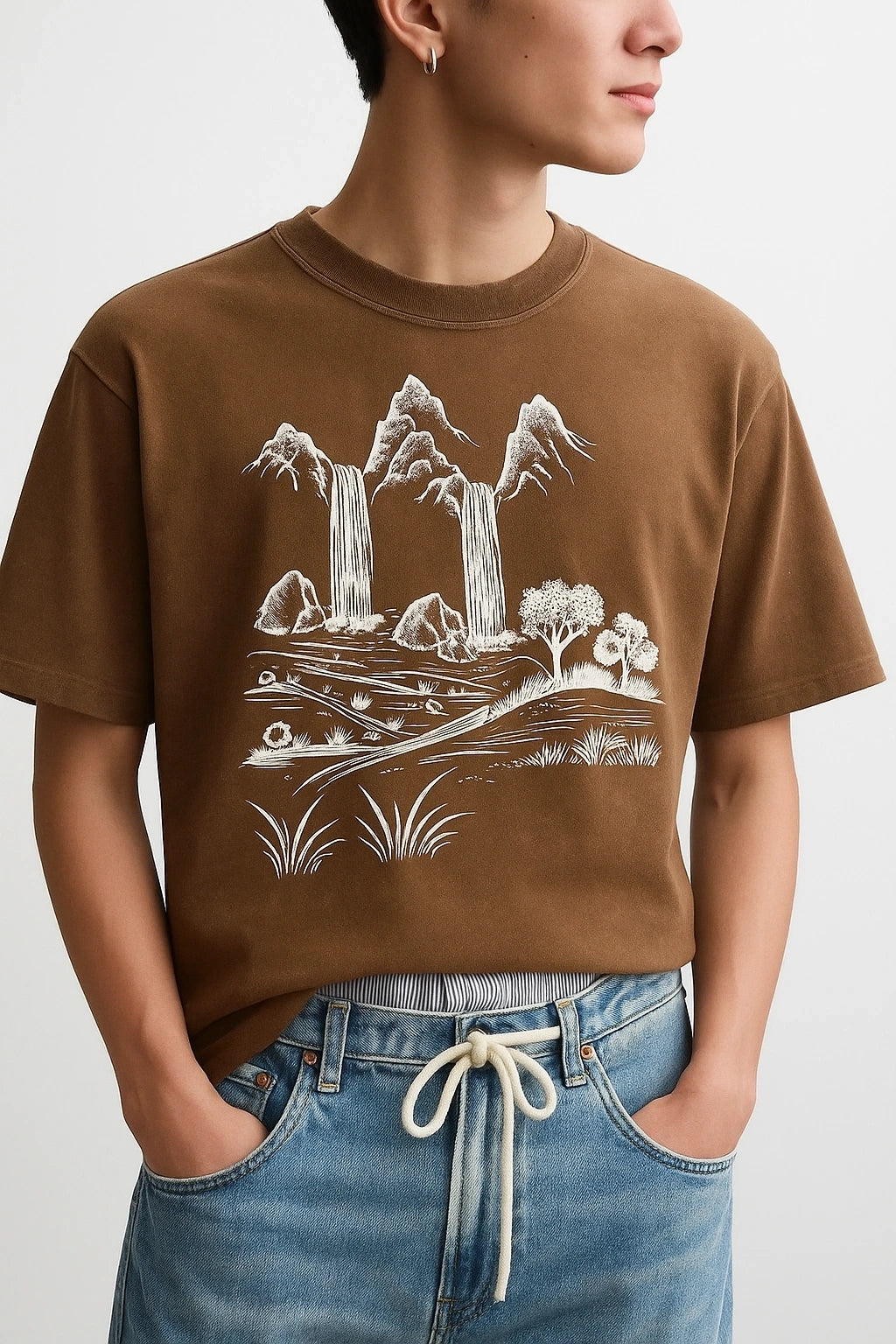 Wolffoxx Brown Mountain Waterfall Graphic Oversized T-Shirt