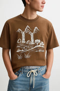 Wolffoxx Brown Mountain Waterfall Graphic Oversized T-Shirt