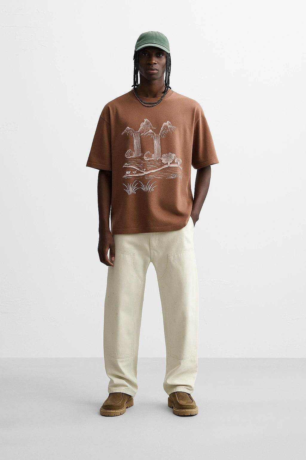 Wolffoxx Brown Mountain Waterfall Graphic Oversized T-Shirt