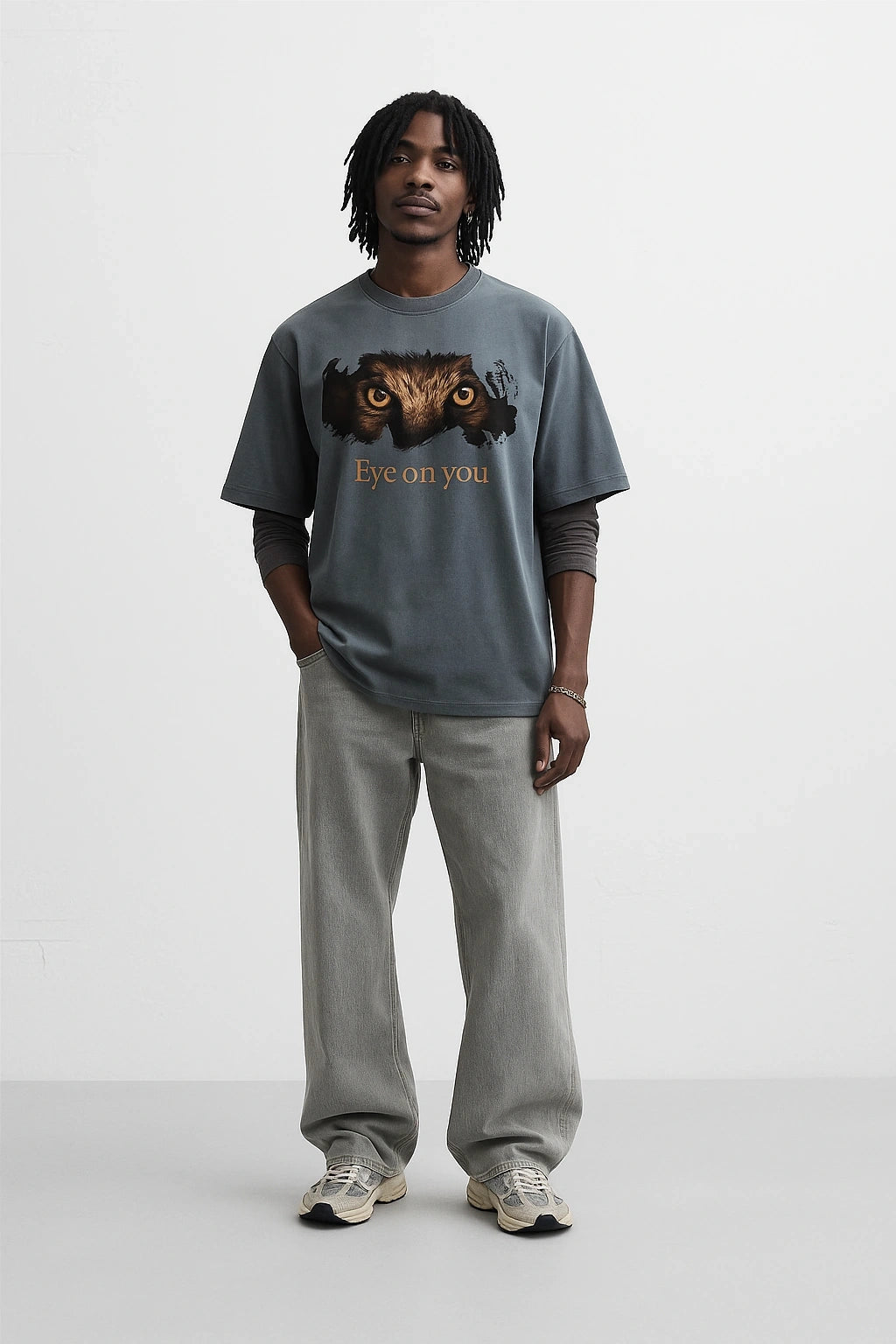 Wolffoxx Charcoal Grey "Eye On You" Owl Graphic Oversized T-Shirt