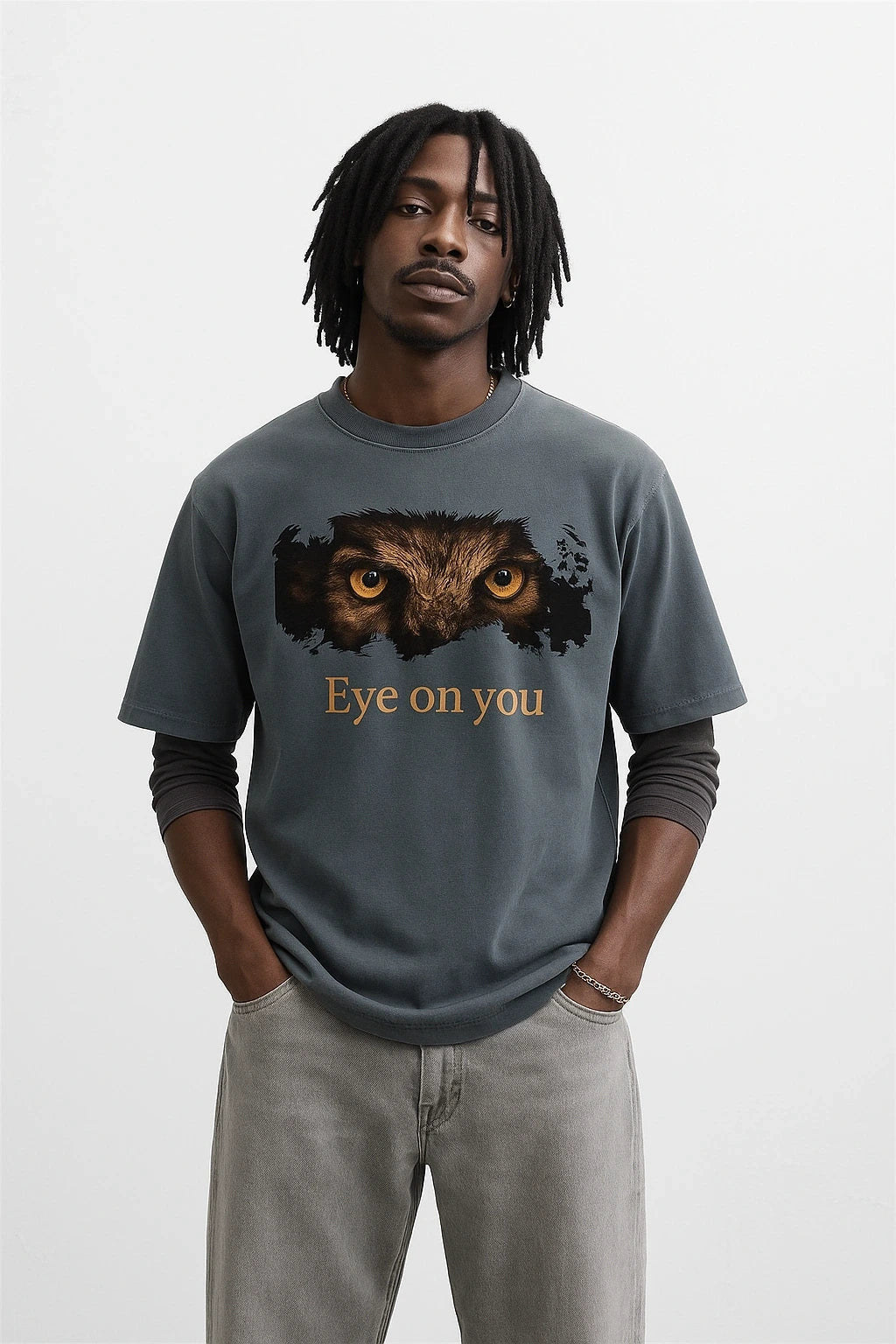 Wolffoxx Charcoal Grey "Eye On You" Owl Graphic Oversized T-Shirt