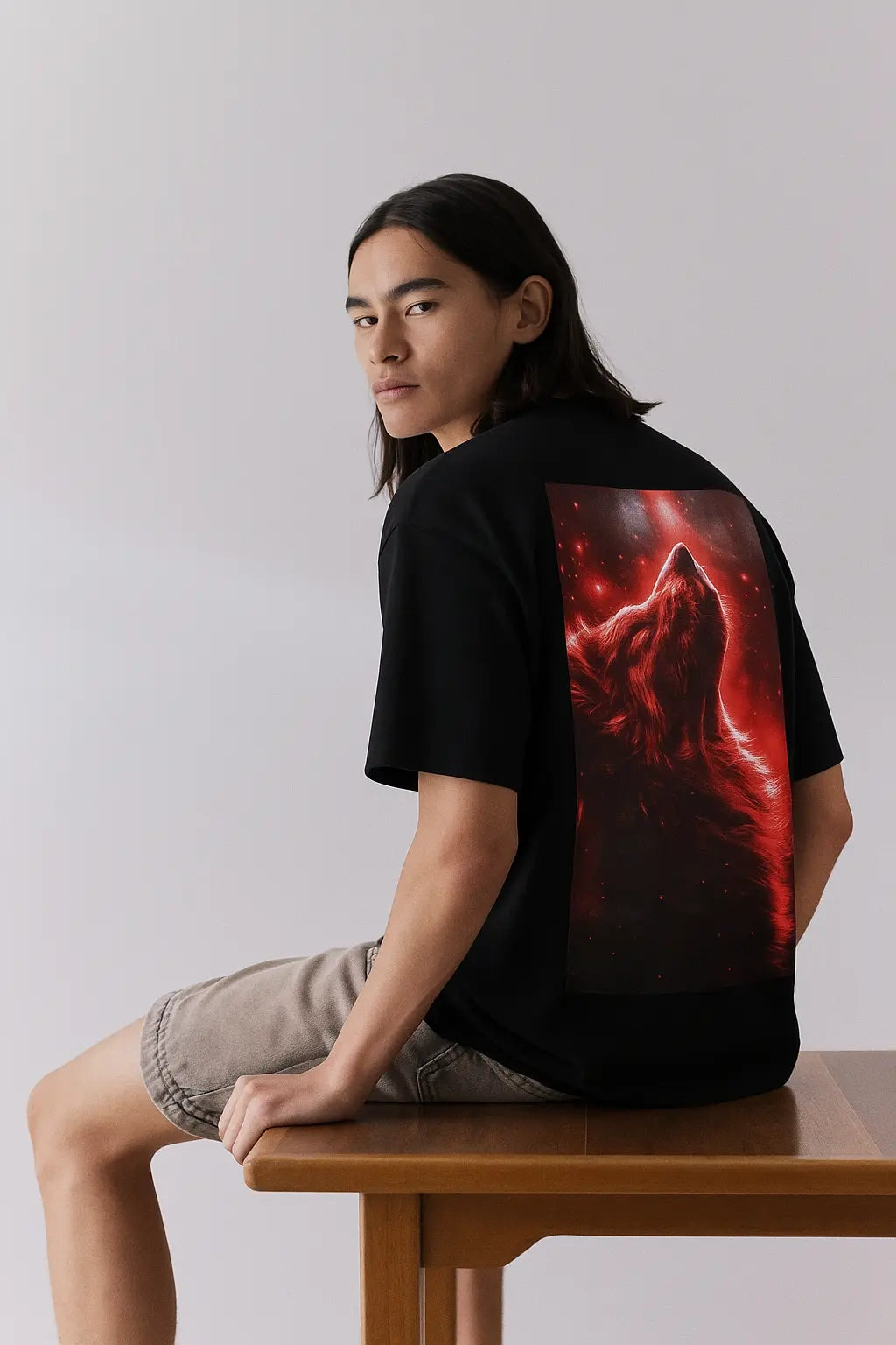 Wolffoxx Black Oversized Red Wolf Graphic T-Shirt