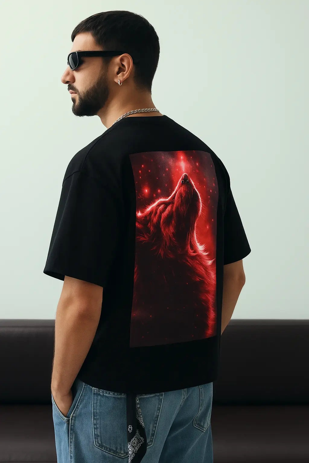 Wolffoxx Black Oversized Red Wolf Graphic T-Shirt