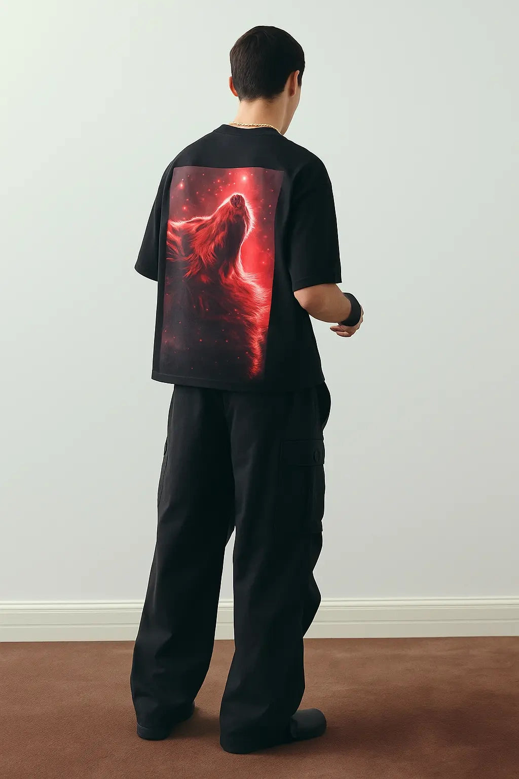 Wolffoxx Black Oversized Red Wolf Graphic T-Shirt