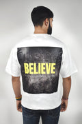 Wolffoxx White "Believe" Quote Graphic Oversized T-Shirt