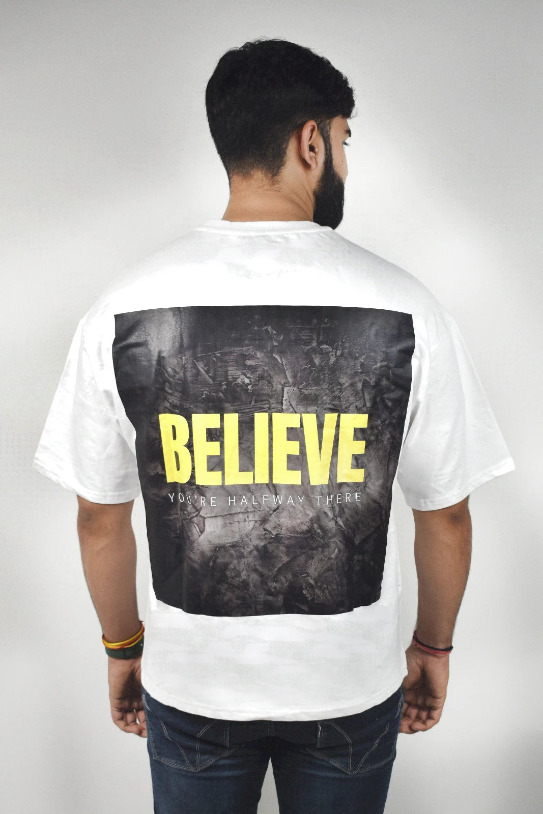 Wolffoxx White "Believe" Quote Graphic Oversized T-Shirt