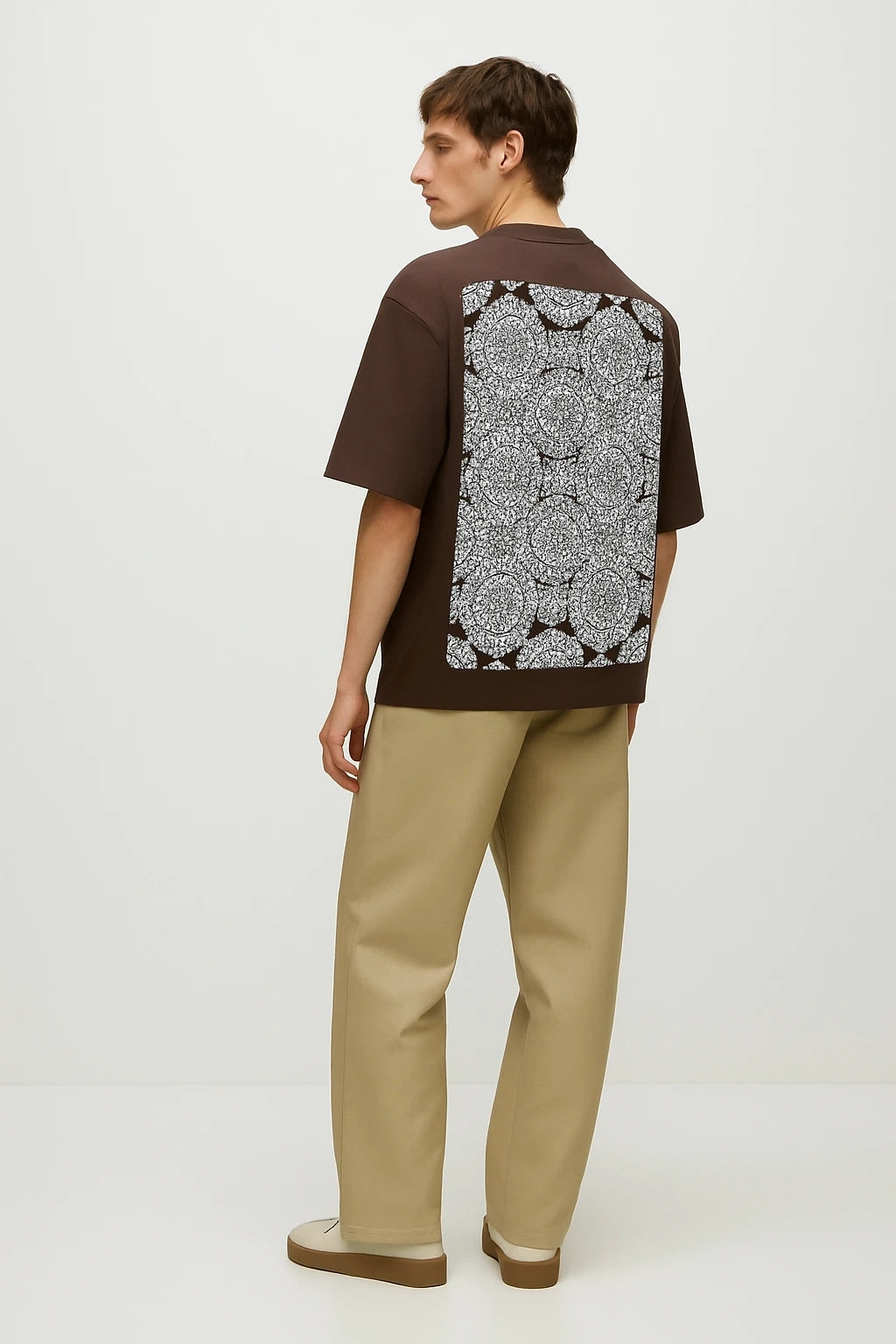 Men's Chocolate Brown Monogram Back Patch Oversized Cotton Tee | Wolffoxx