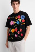 Men's Black Multi-Color Floral Print Cotton Drop Shoulder T-Shirt | Wolffoxx