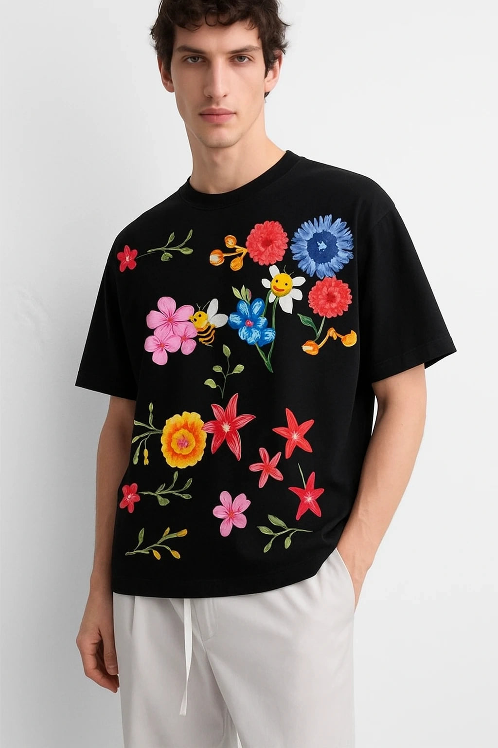 Men's Black Multi-Color Floral Print Cotton Drop Shoulder T-Shirt | Wolffoxx