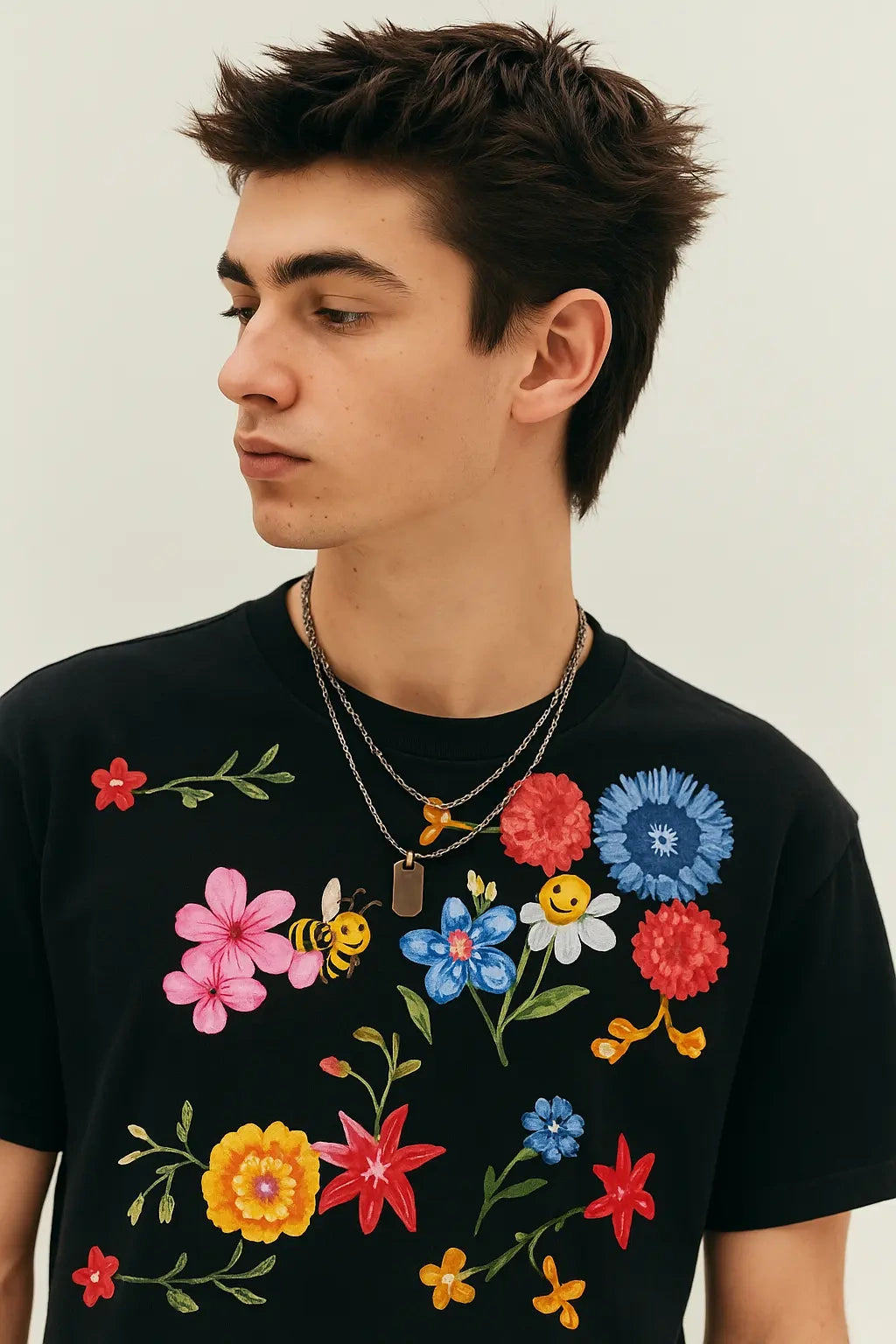 Men's Black Multi-Color Floral Print Cotton Drop Shoulder T-Shirt | Wolffoxx
