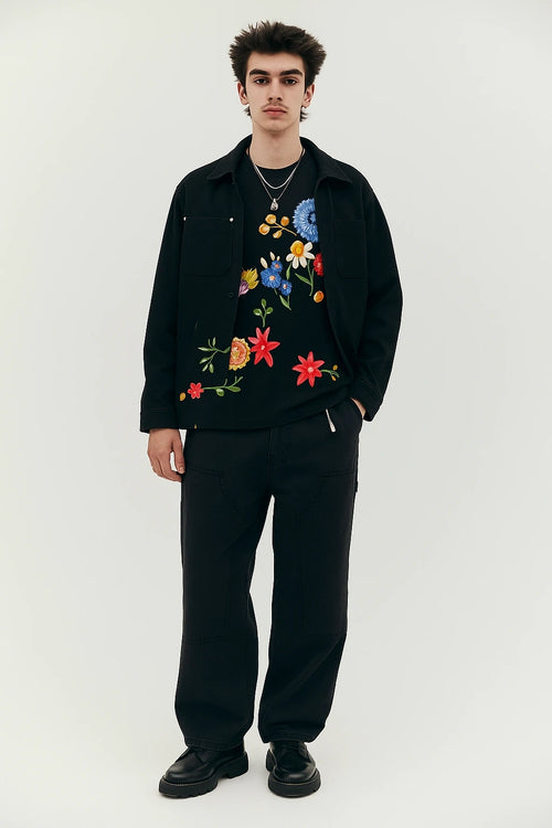 Men's Black Multi-Color Floral Print Cotton Drop Shoulder T-Shirt | Wolffoxx