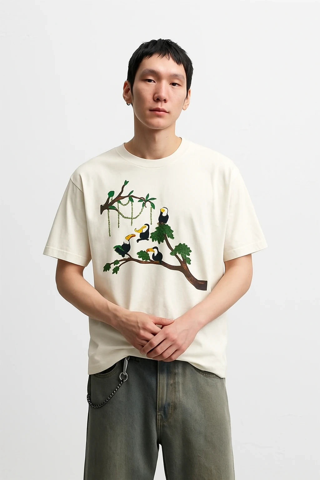 Wolffoxx Cream Toucans On Branch Graphic Oversized T-Shirt