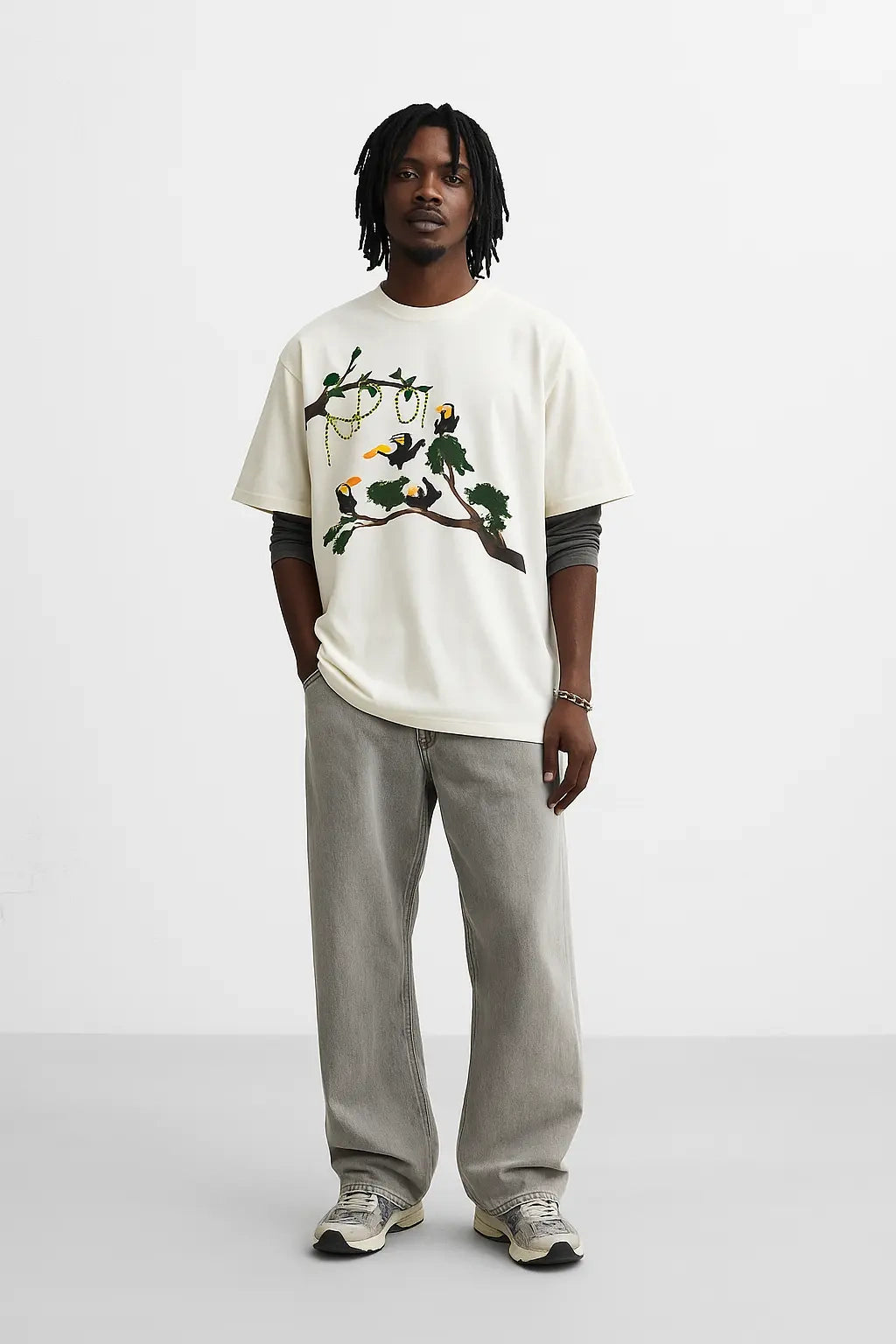 Wolffoxx Cream Toucans On Branch Graphic Oversized T-Shirt
